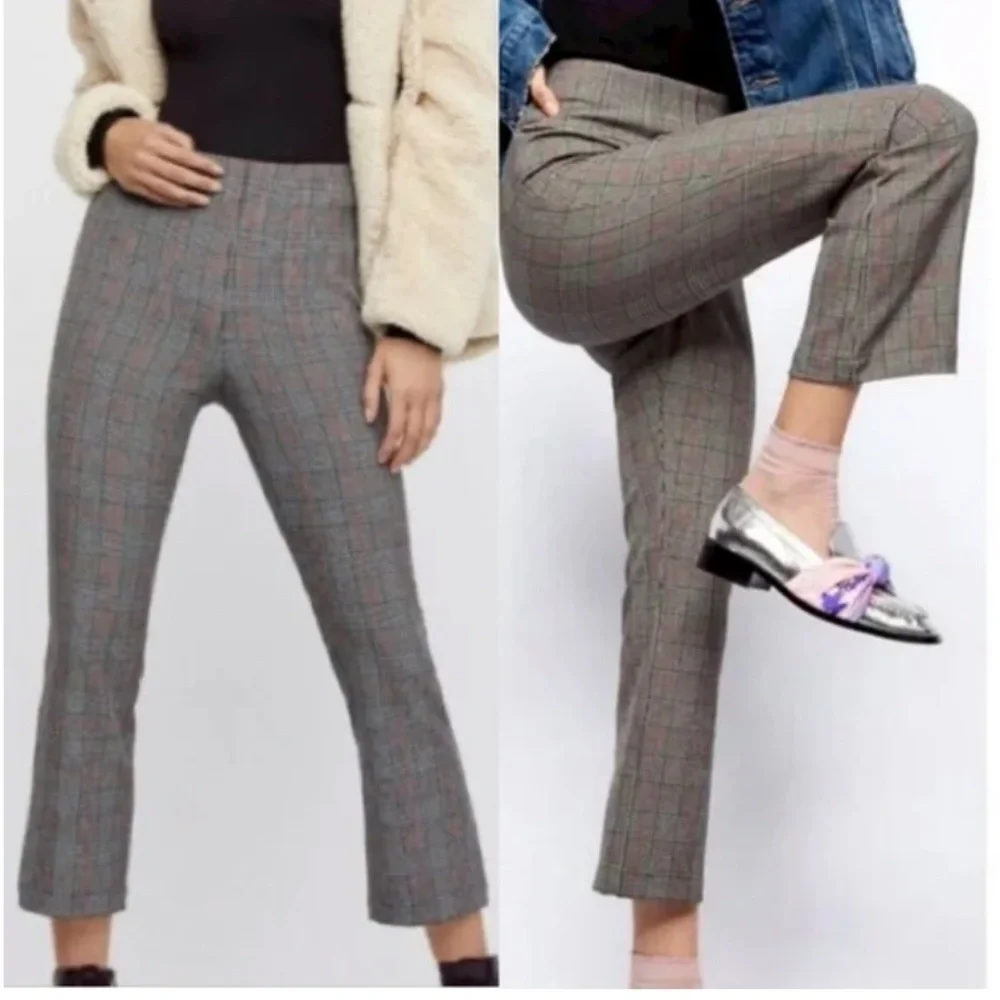 Free People Kick Flare Plaid Cropped High Rise Gray Trouser Pants Plaid Office - Picture 6 of 14